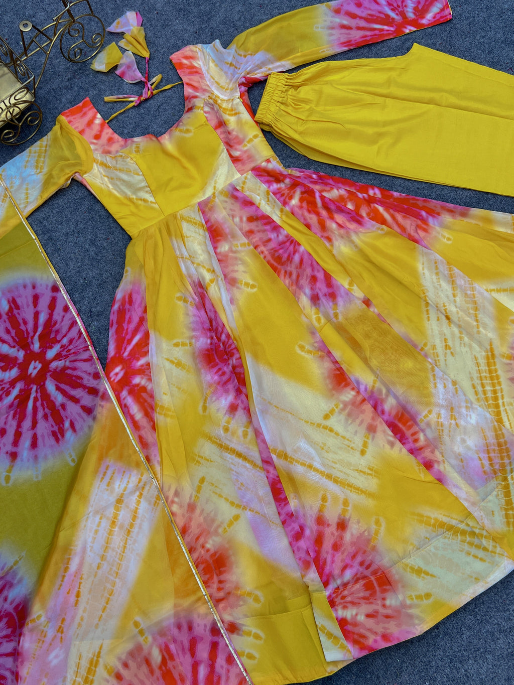 Luminous Yellow Floral Printed Fully Stitched Anarkali Pant Suit - Ethnicwish