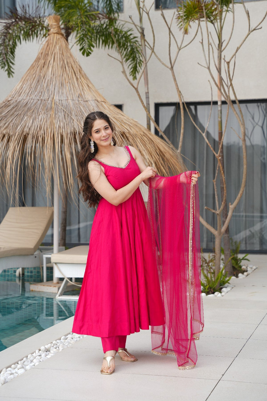 Pink Roman Silk Chanderi Anarkali Set – Fully Stitched & Ready to Wear - ETHNICDEAL