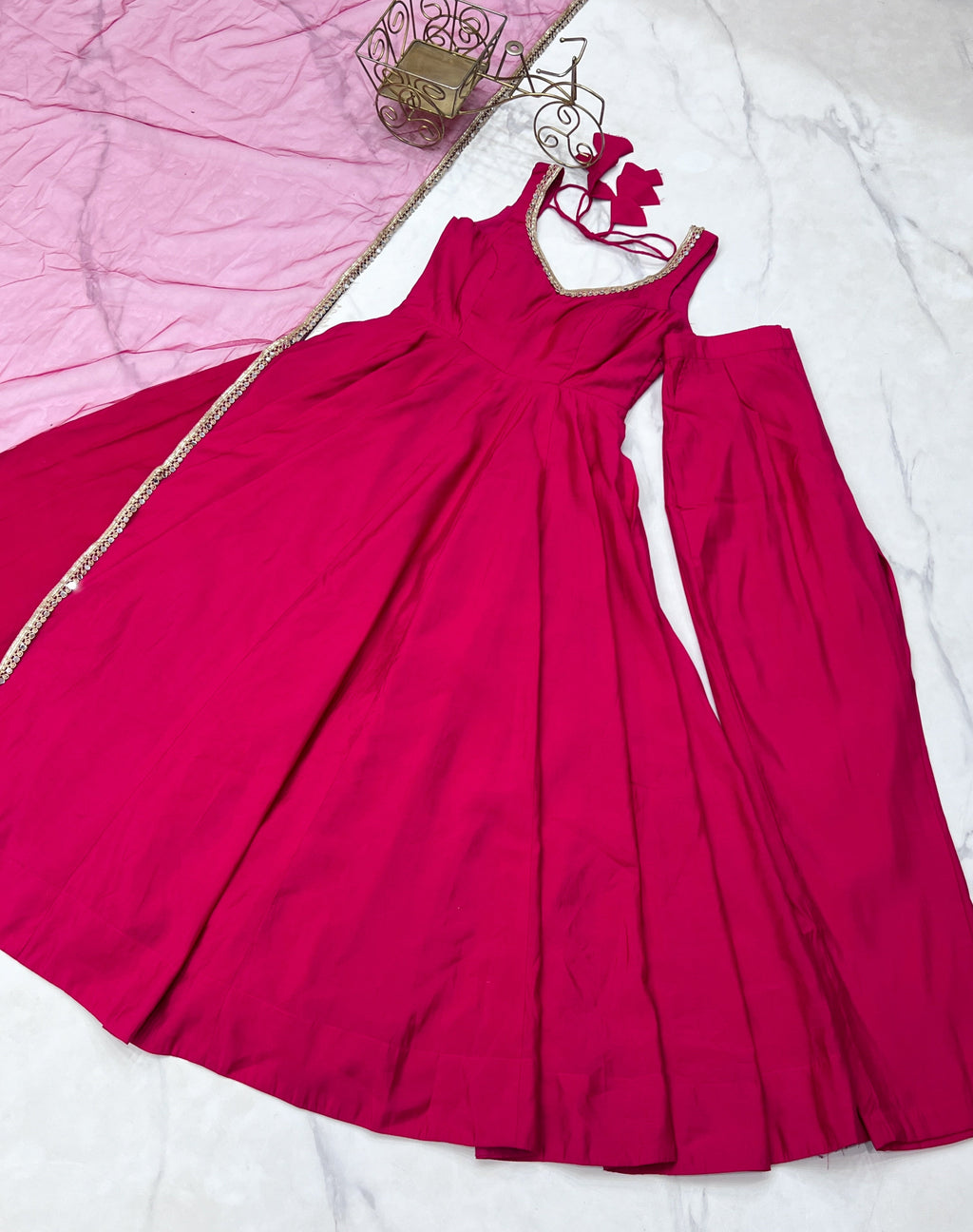 Pink Roman Silk Chanderi Anarkali Set – Fully Stitched & Ready to Wear - ETHNICDEAL