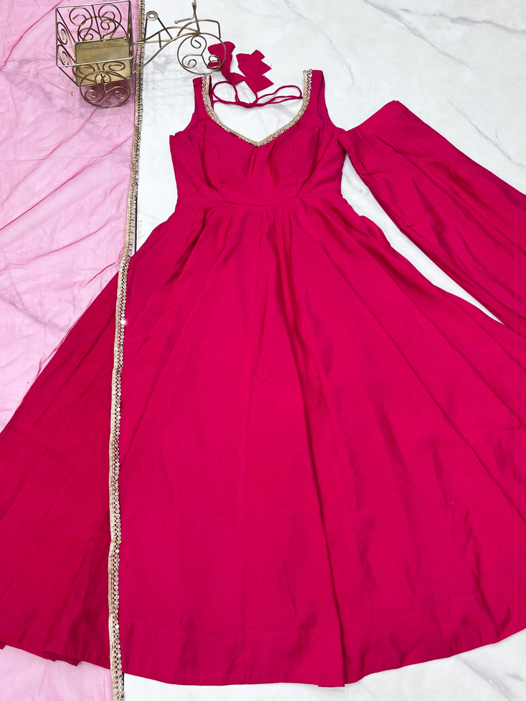 Pink Roman Silk Chanderi Anarkali Set – Fully Stitched & Ready to Wear - ETHNICDEAL