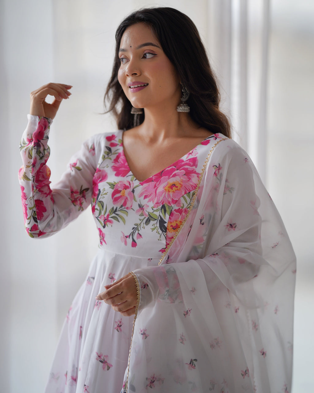 Polished White Organza Silk Floral Printed Anarkali Pant Suit - Ethnicwish
