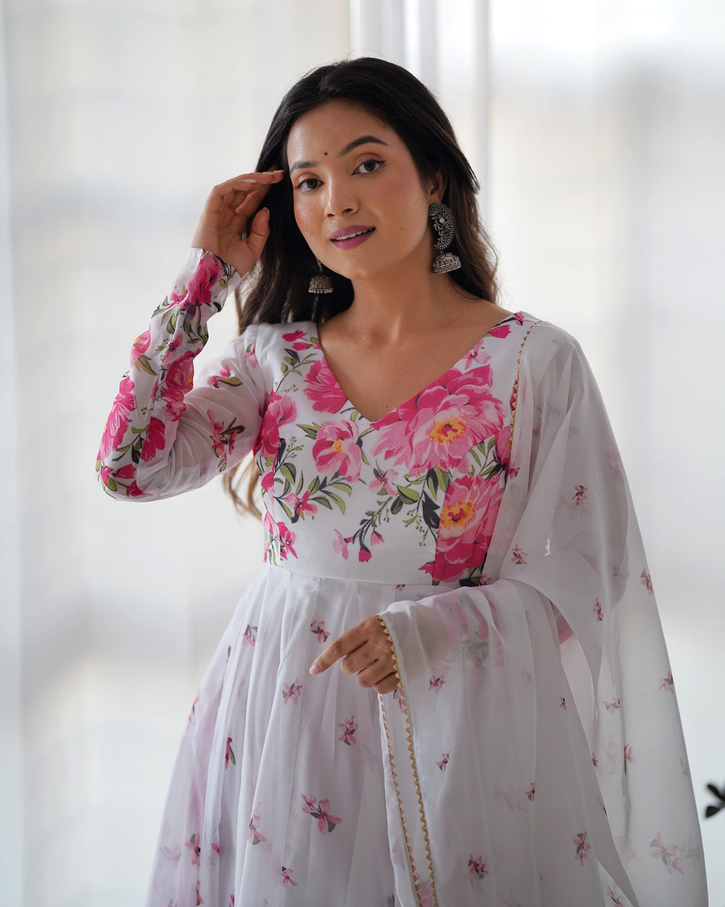 Polished White Organza Silk Floral Printed Anarkali Pant Suit - Ethnicwish