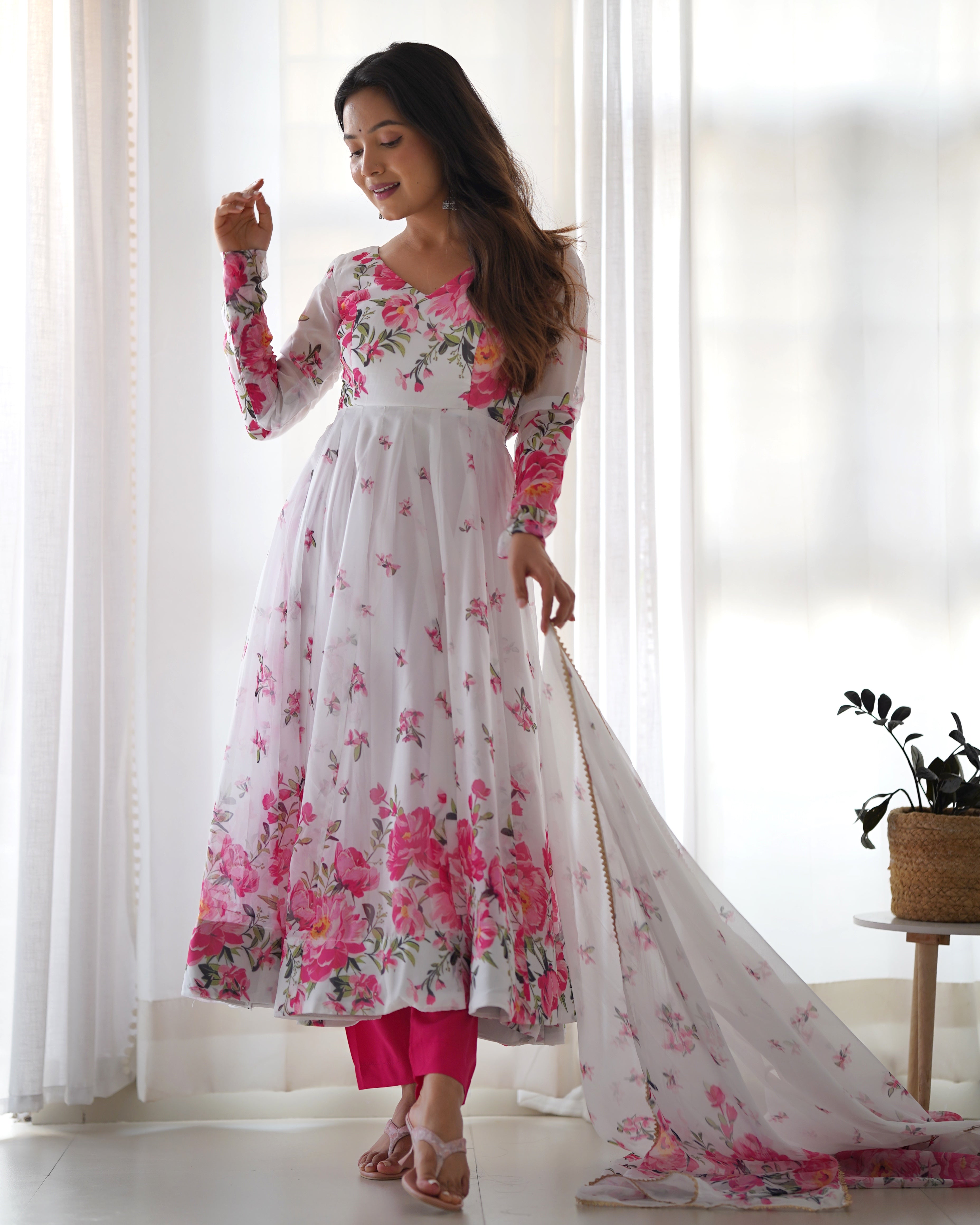 Polished White Organza Silk Floral Printed Anarkali Pant Suit - Ethnicwish