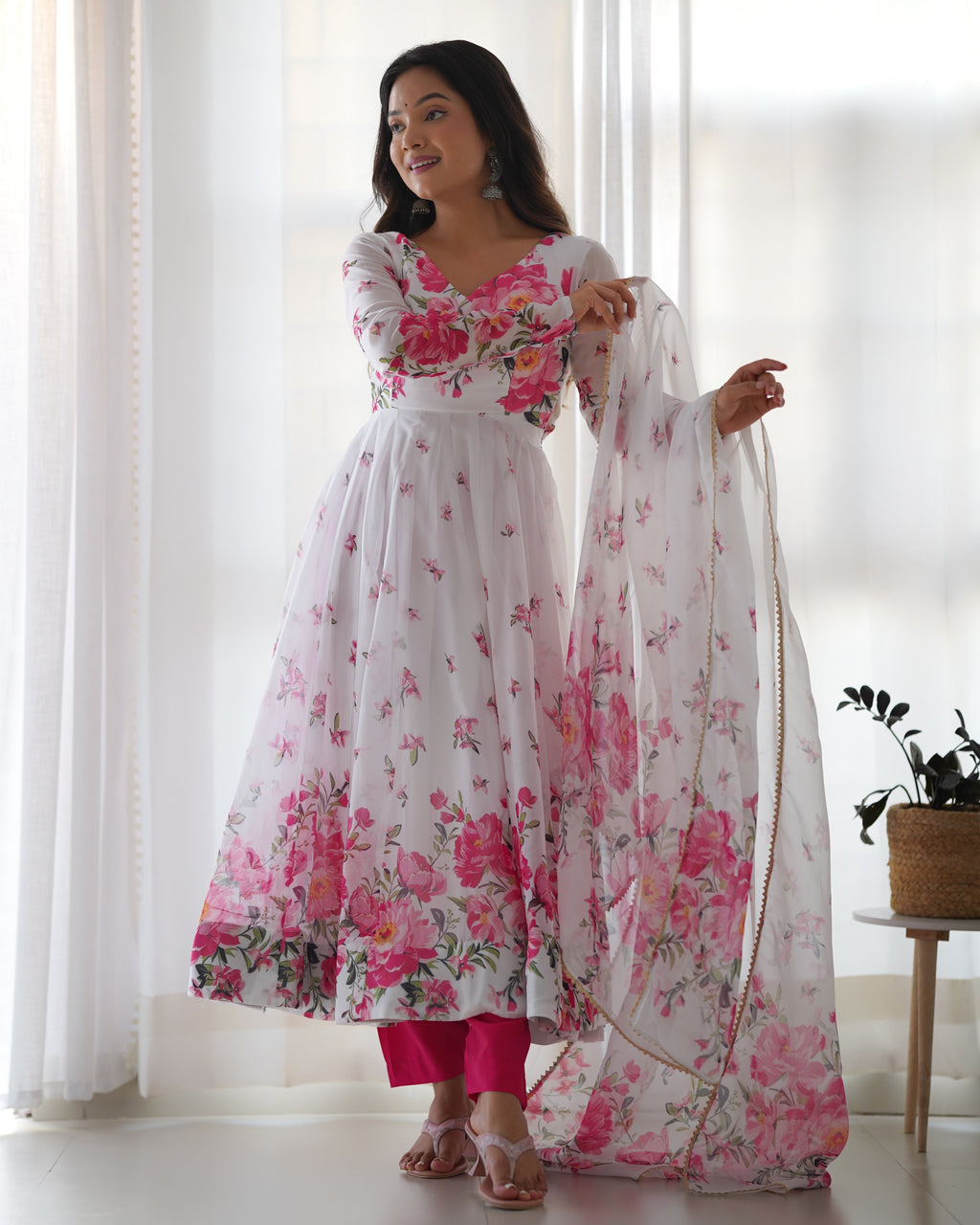 Polished White Organza Silk Floral Printed Anarkali Pant Suit - Ethnicwish