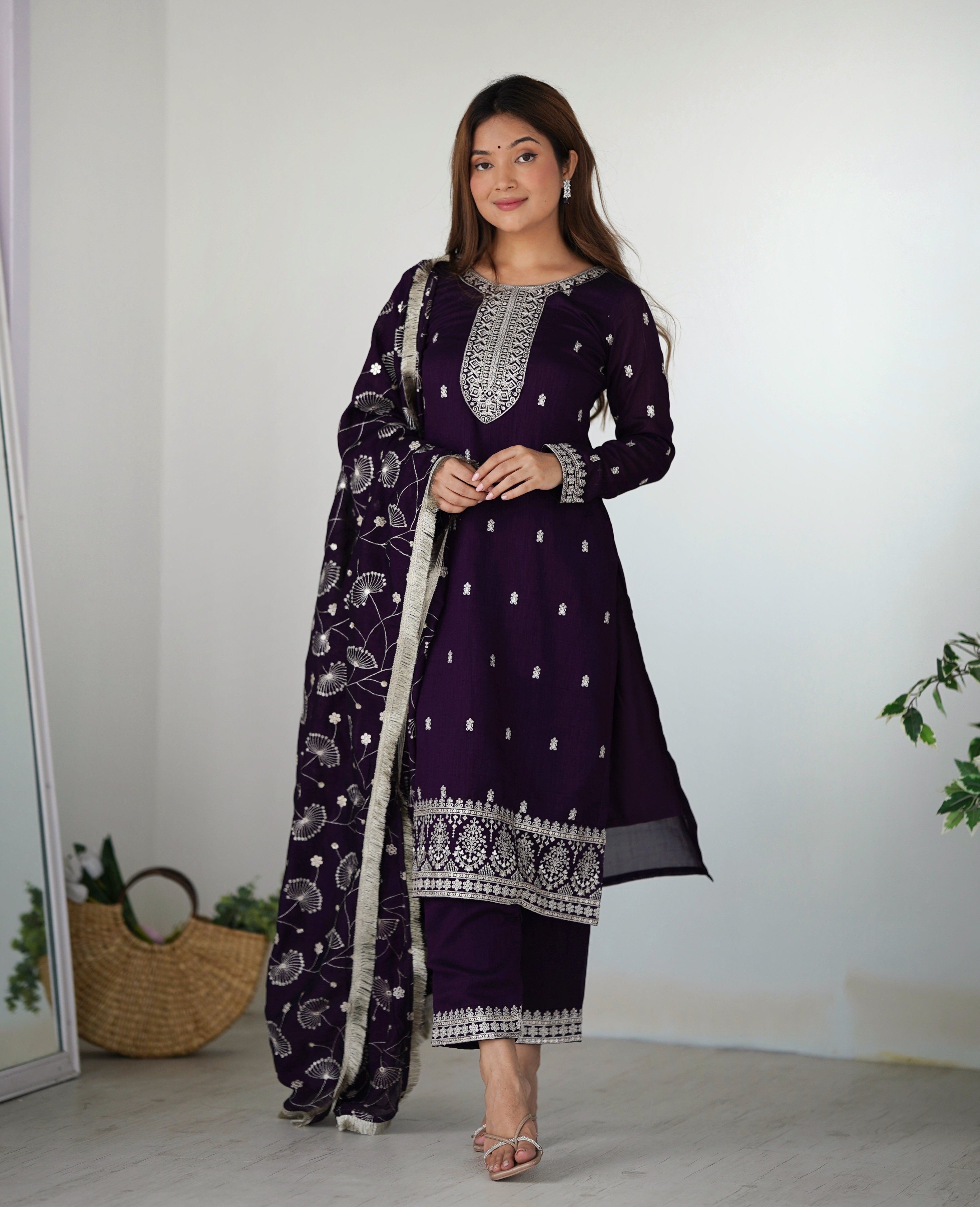Purple Rangoli Silk Sequins Zari Embroidered Kurti Pant Suit - ETHNICDEAL