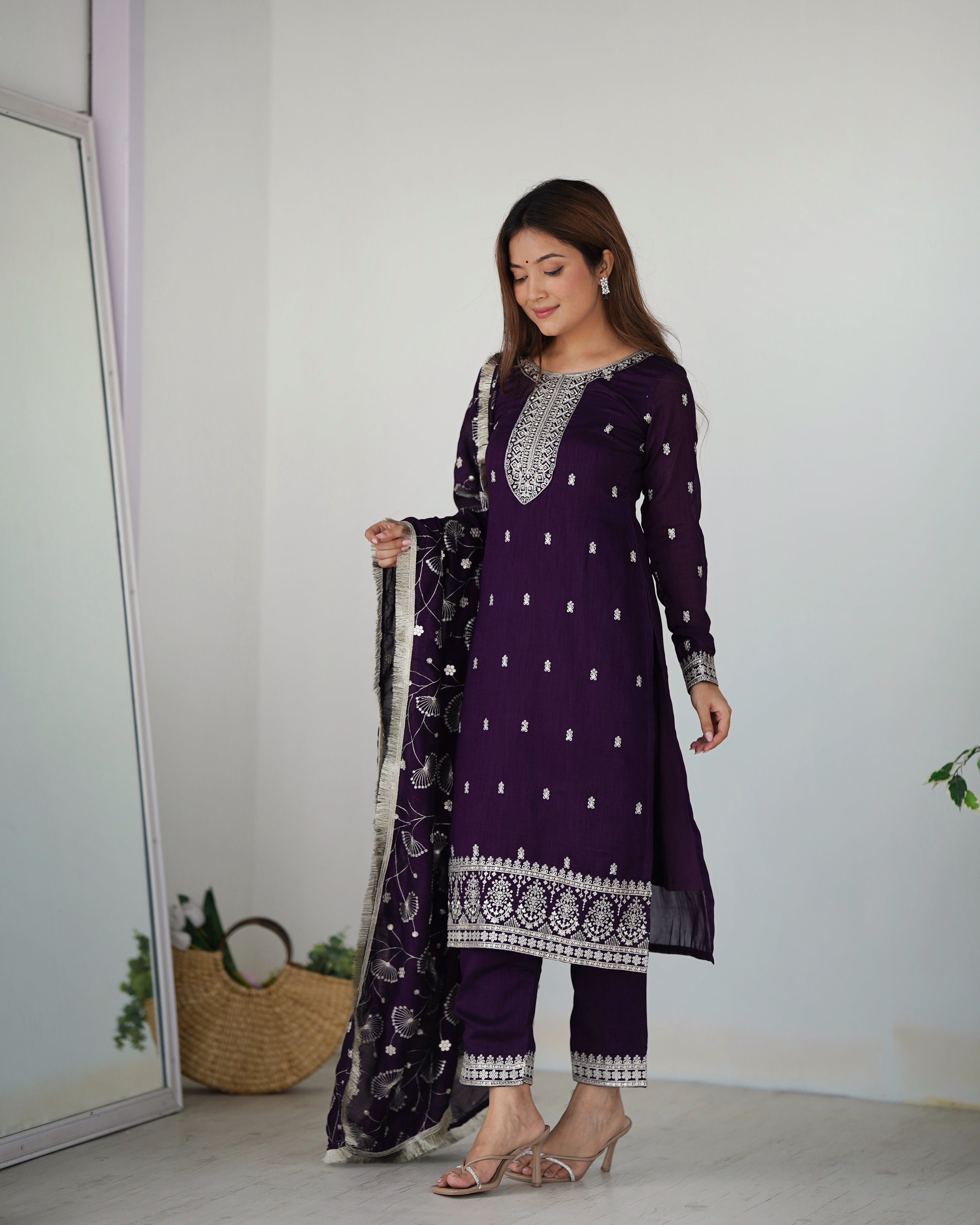 Purple Rangoli Silk Sequins Zari Embroidered Kurti Pant Suit - ETHNICDEAL
