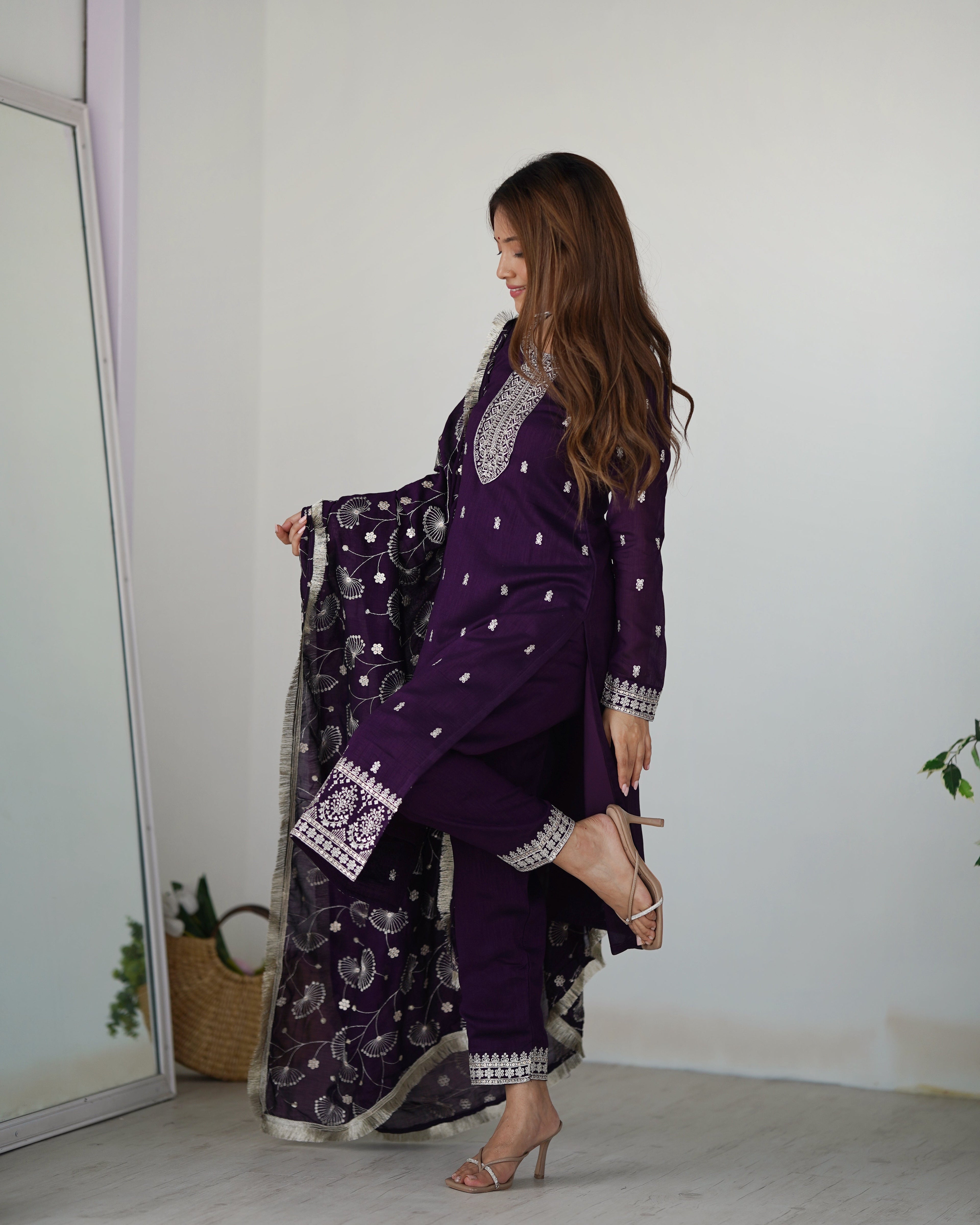 Purple Rangoli Silk Sequins Zari Embroidered Kurti Pant Suit - ETHNICDEAL