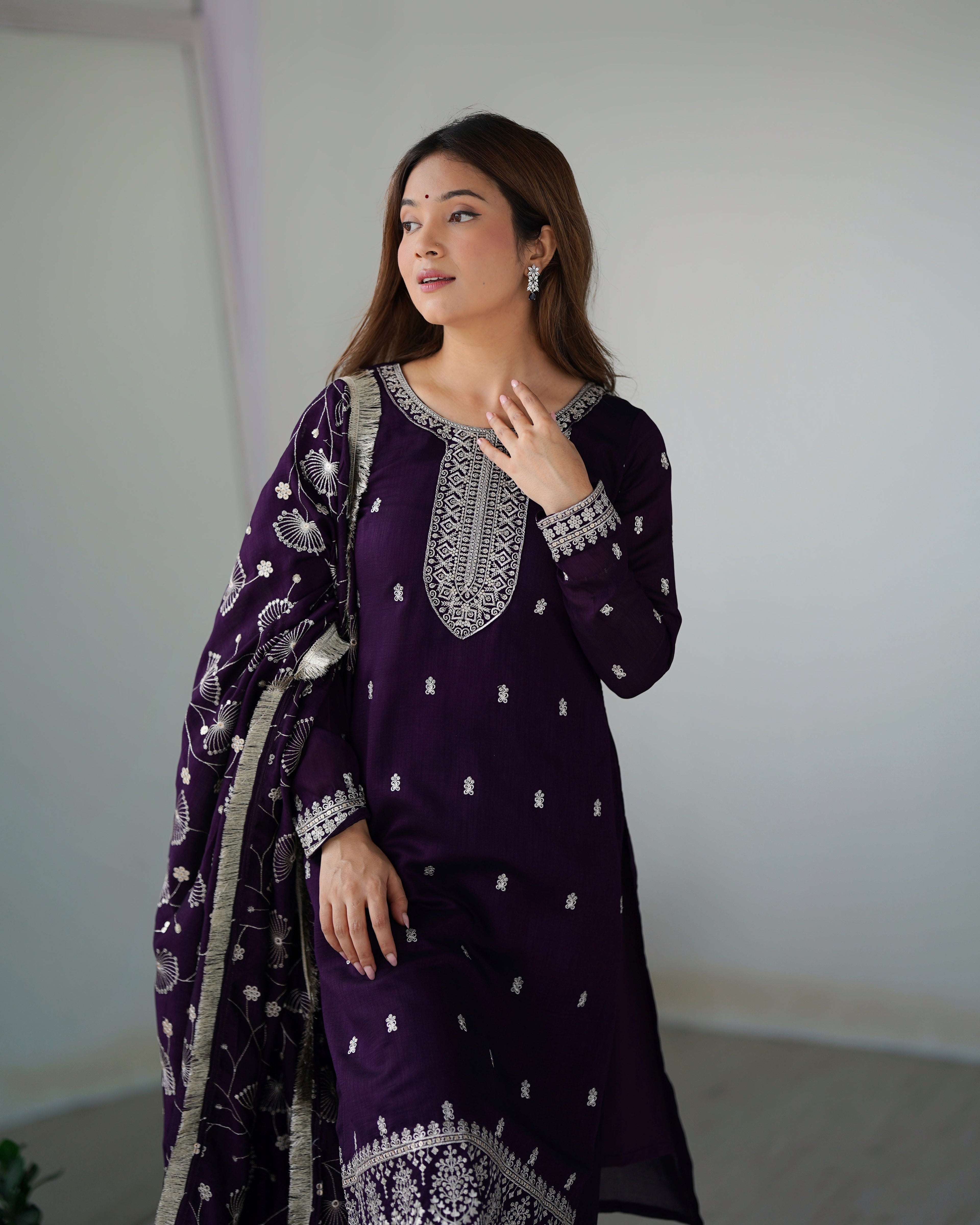 Purple Rangoli Silk Sequins Zari Embroidered Kurti Pant Suit - ETHNICDEAL