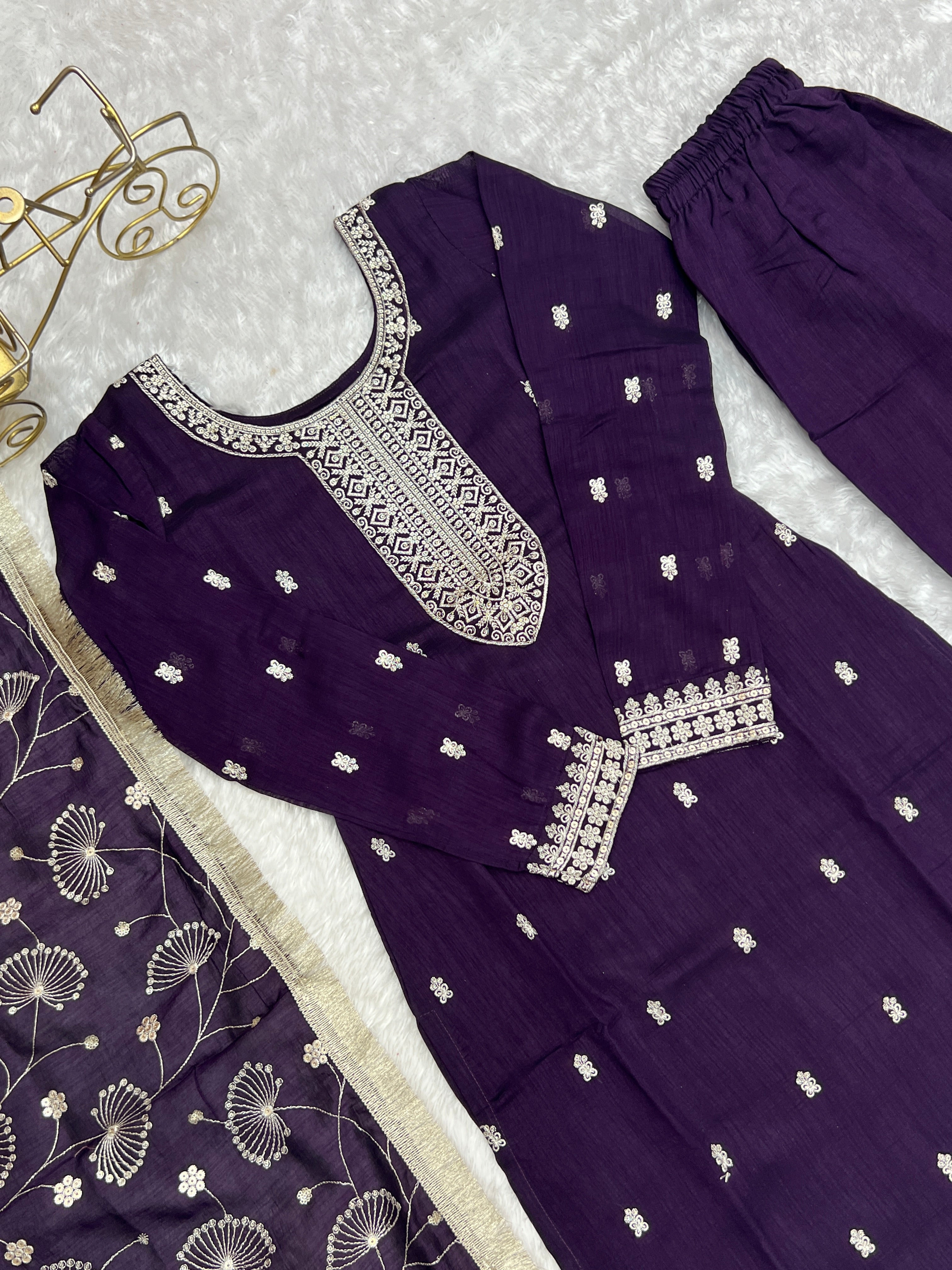 Purple Rangoli Silk Sequins Zari Embroidered Kurti Pant Suit - ETHNICDEAL