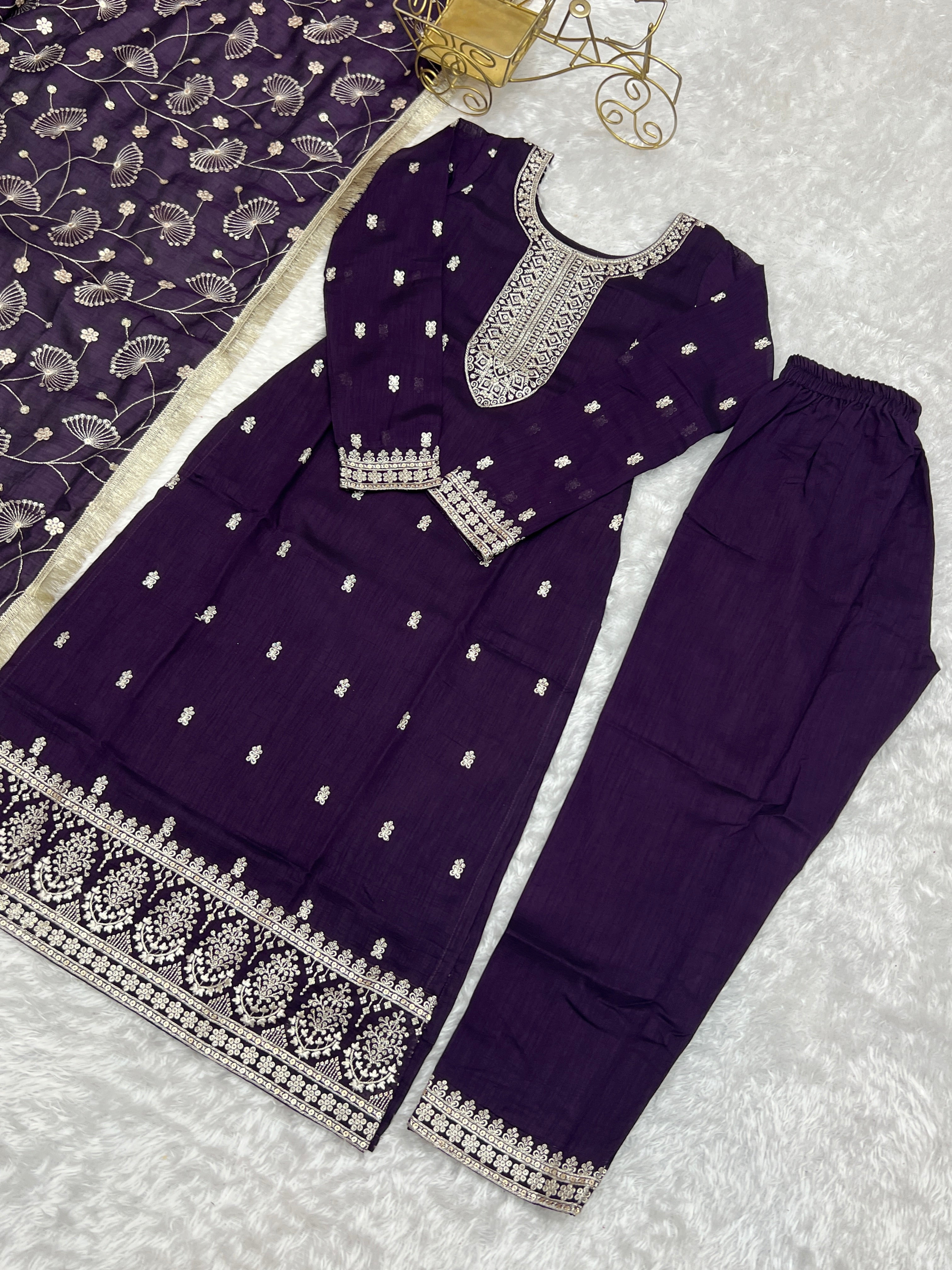 Purple Rangoli Silk Sequins Zari Embroidered Kurti Pant Suit - ETHNICDEAL