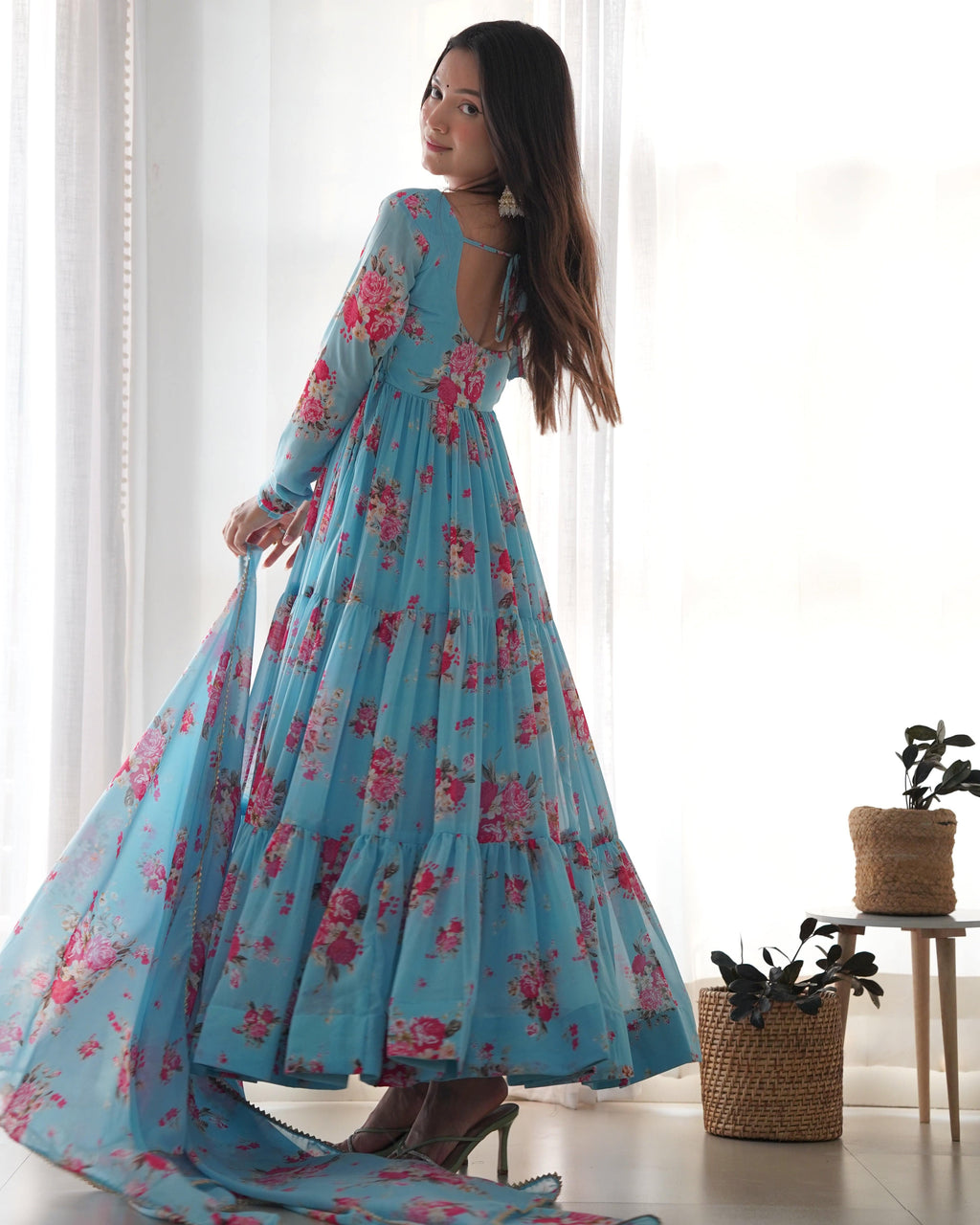 Radiant Sky Blue Floral Printed Fully Stitched Anarkali Pant Suit - Ethnicwish