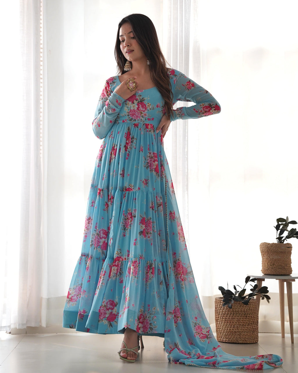 Radiant Sky Blue Floral Printed Fully Stitched Anarkali Pant Suit - Ethnicwish