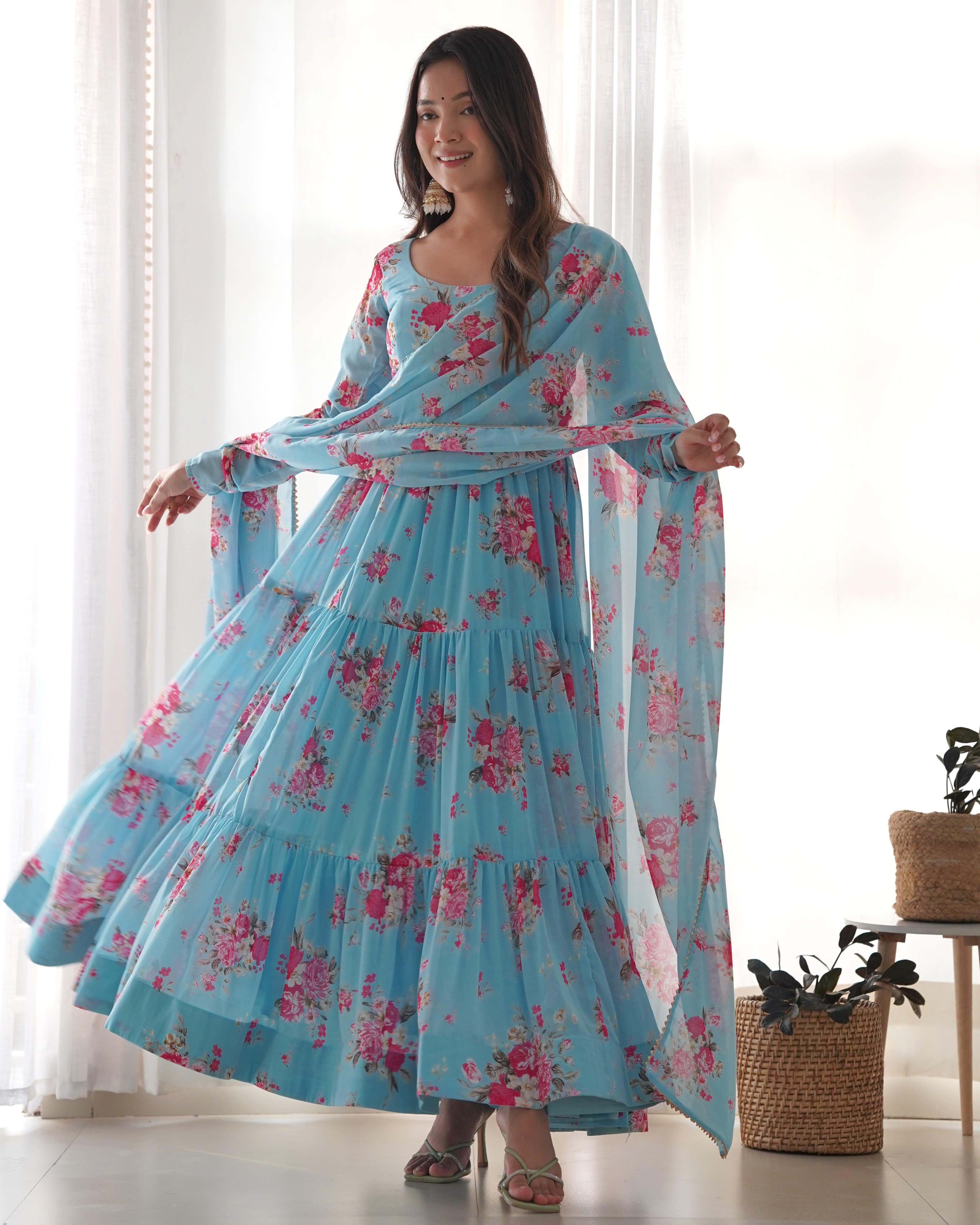 Radiant Sky Blue Floral Printed Fully Stitched Anarkali Pant Suit - Ethnicwish