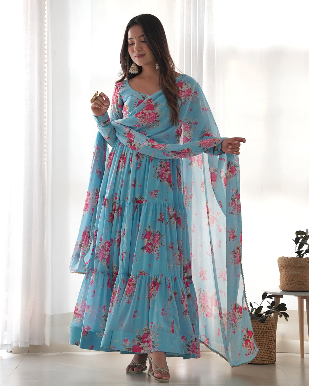 Radiant Sky Blue Floral Printed Fully Stitched Anarkali Pant Suit - Ethnicwish