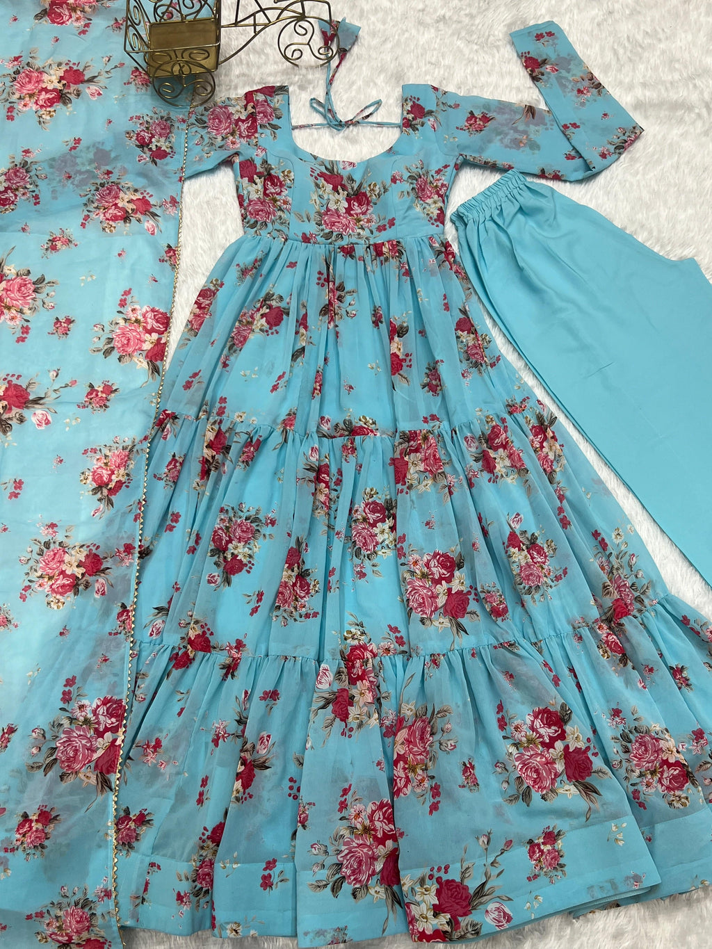 Radiant Sky Blue Floral Printed Fully Stitched Anarkali Pant Suit - Ethnicwish