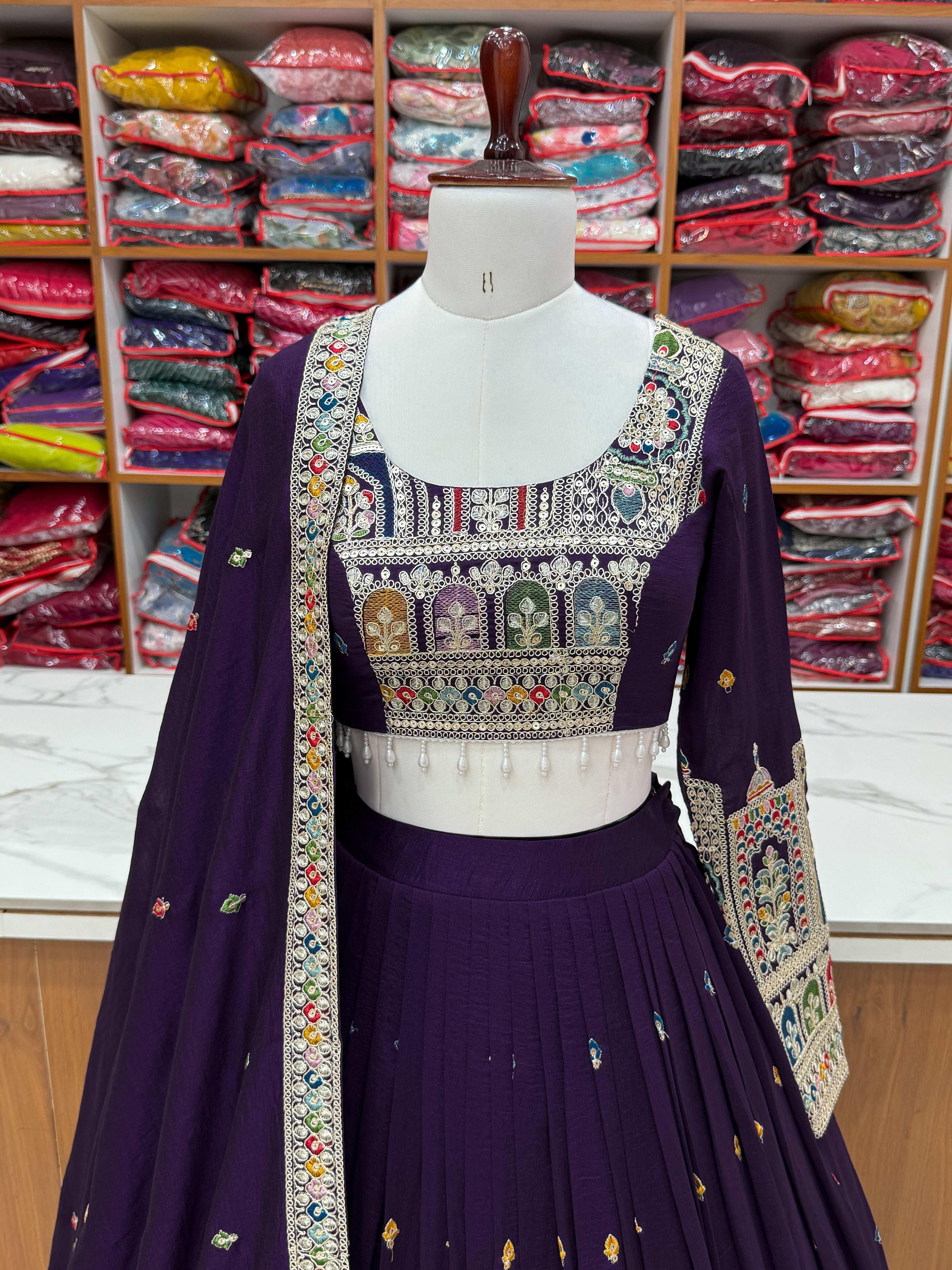 Premium Vichitra Silk Embroidered Lehenga Set – Fully Stitched & Ready to Wear - ETHNICDEAL