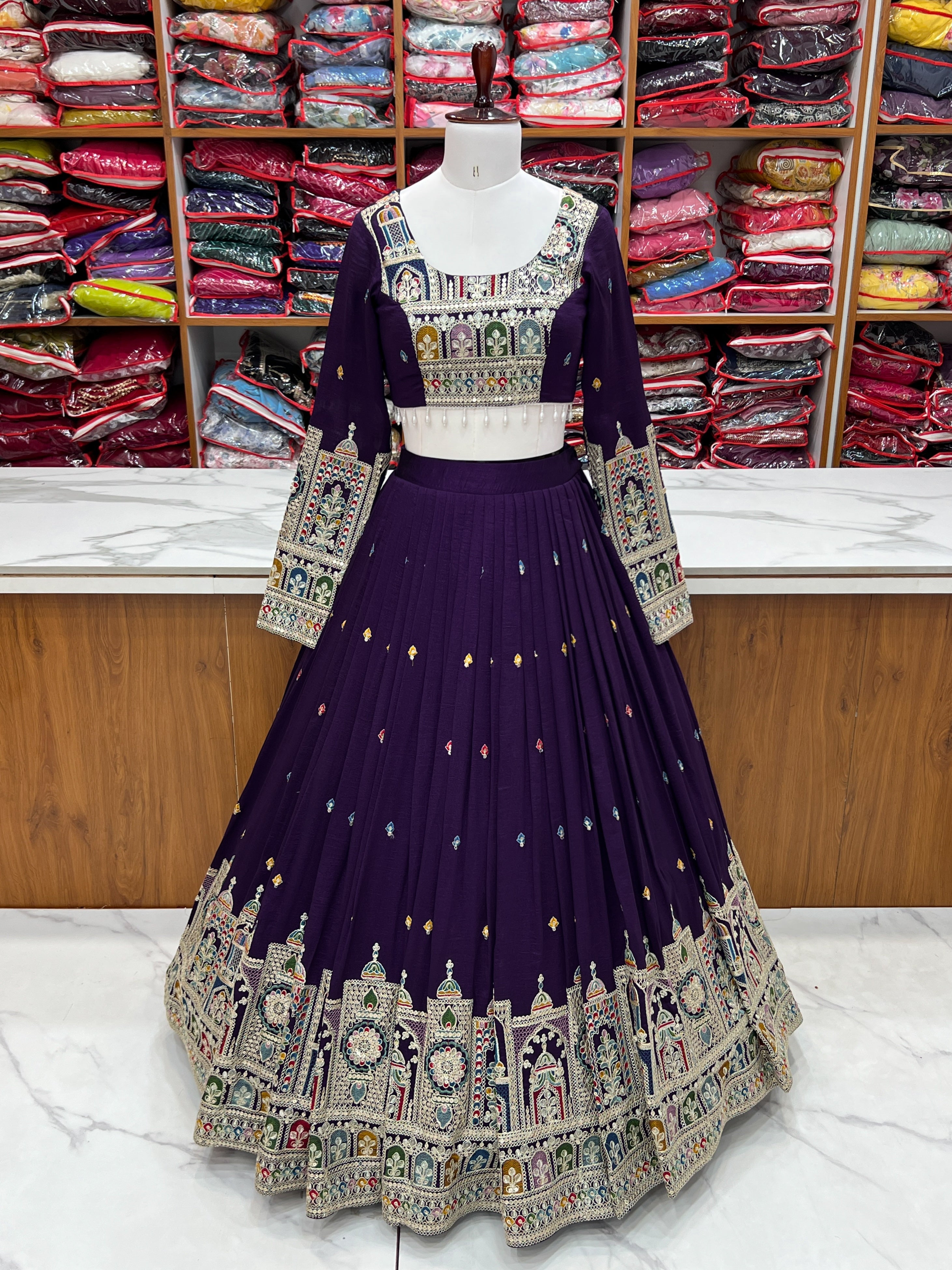Premium Vichitra Silk Embroidered Lehenga Set – Fully Stitched & Ready to Wear - ETHNICDEAL
