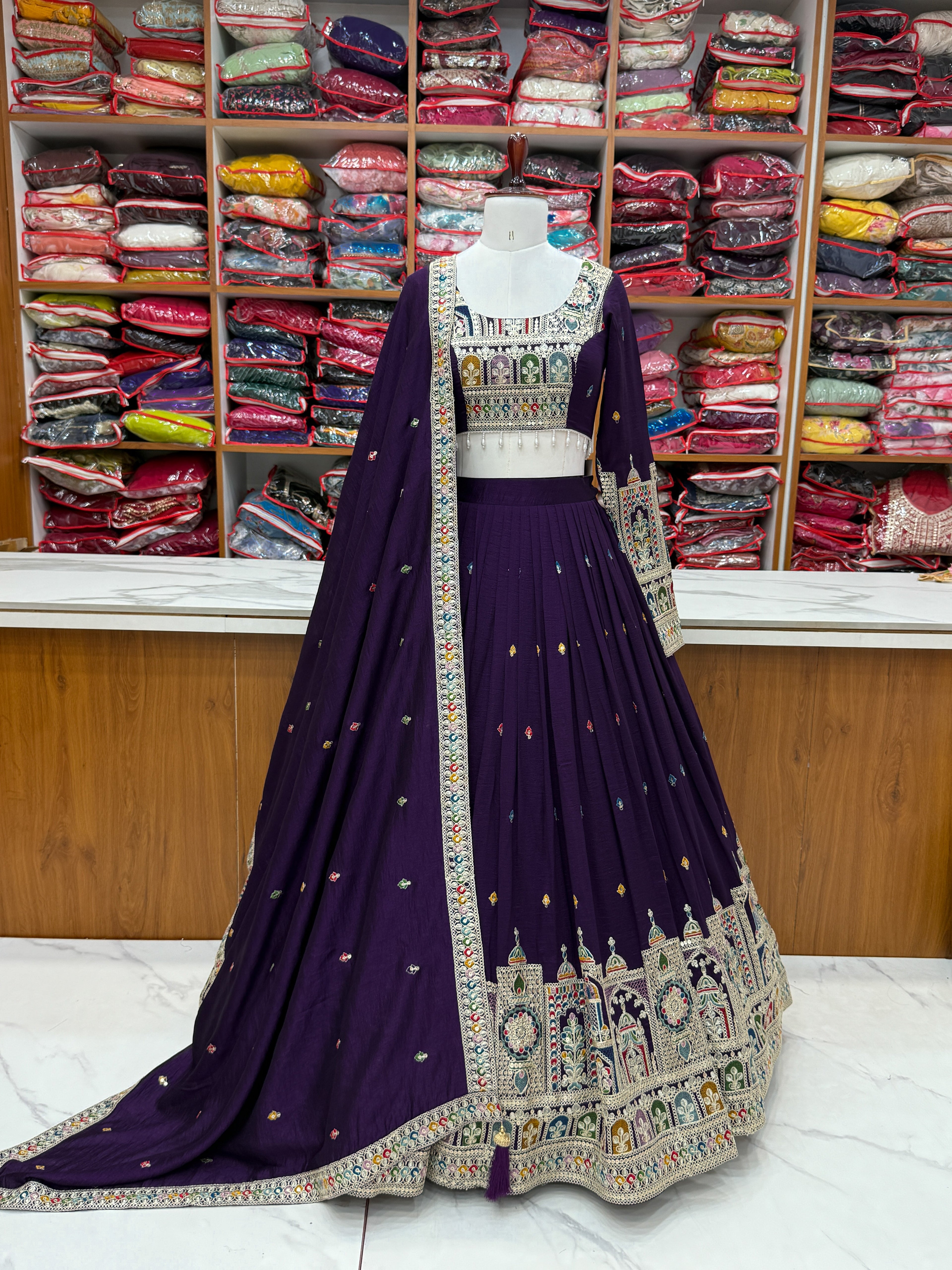 Premium Vichitra Silk Embroidered Lehenga Set – Fully Stitched & Ready to Wear - ETHNICDEAL