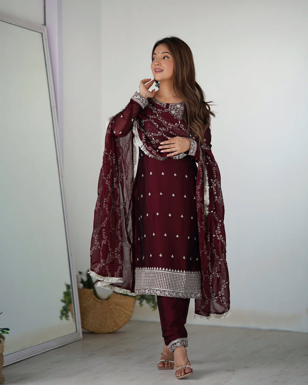 Appealing Rangoli Silk Sequins Embroidered Straight Top Pant Suit - Ethnicwish