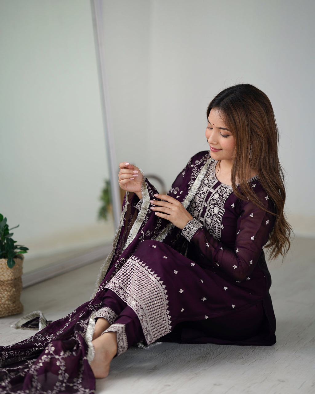 Appealing Rangoli Silk Sequins Embroidered Straight Top Pant Suit - Ethnicwish