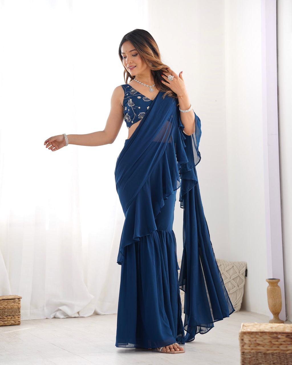 Designer Sharara Saree in Pure Faux Georgette – Fully Stitched & Ready to Wear - ETHNICDEAL