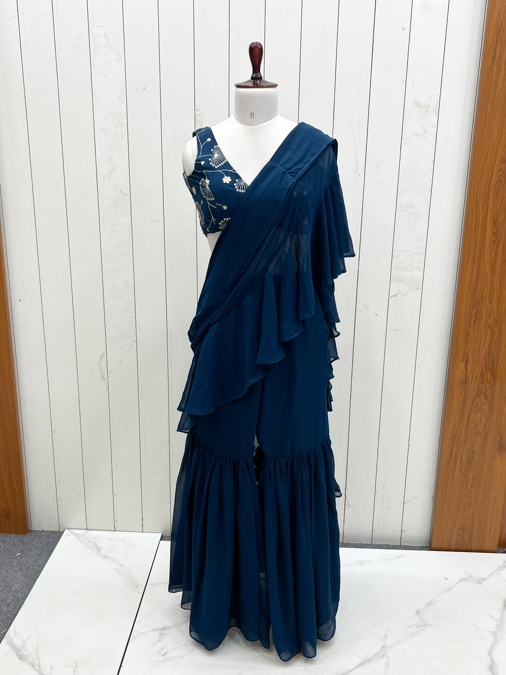 Designer Sharara Saree in Pure Faux Georgette – Fully Stitched & Ready to Wear - ETHNICDEAL