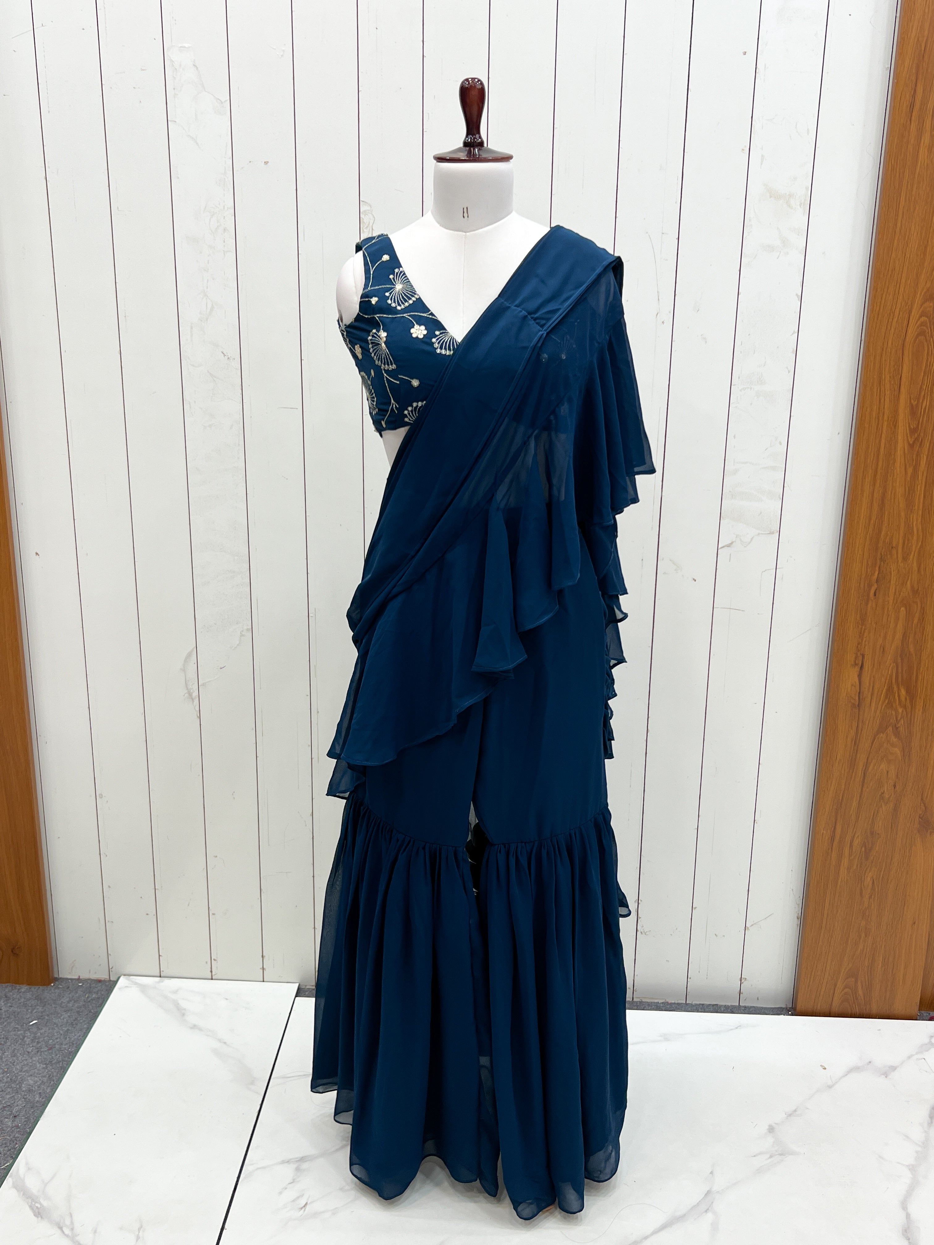 Designer Sharara Saree in Pure Faux Georgette – Fully Stitched & Ready to Wear - ETHNICDEAL