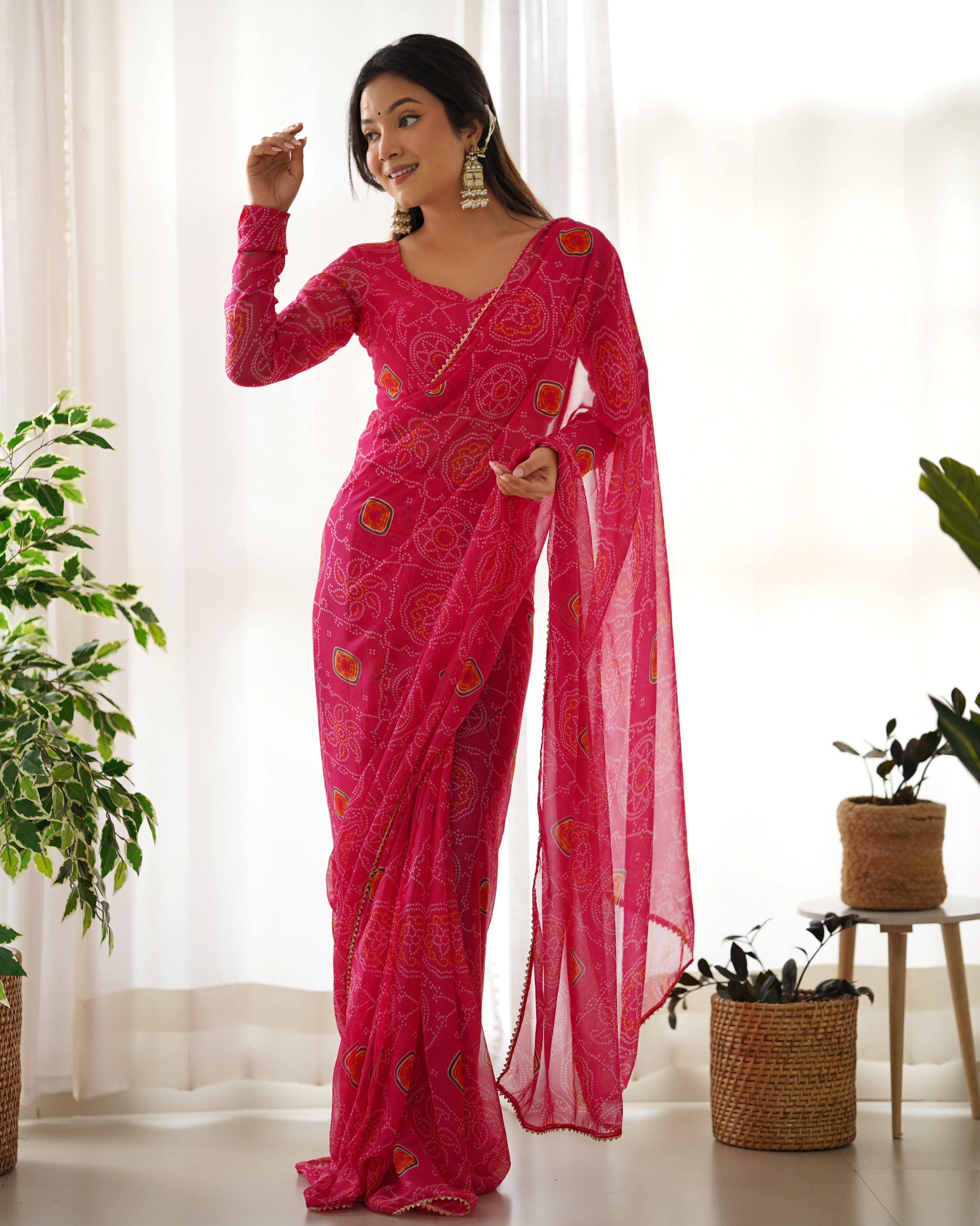 Pink Pure Soft Chiffon Bandhej Printed Ready To Wear Saree - Ethnicwish
