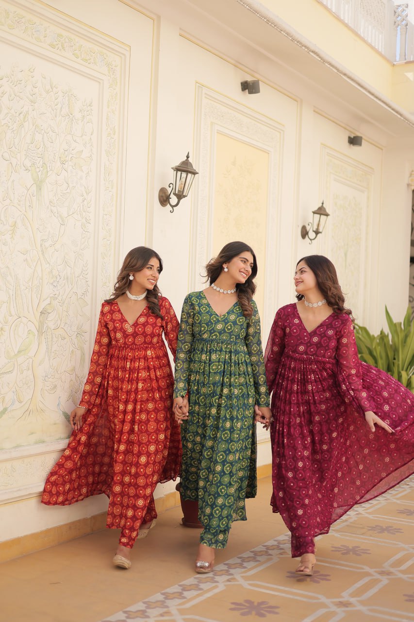 Dashing Faux Georgette Foil Printed Fully Stitched Top Pant Suit - Ethnicwish