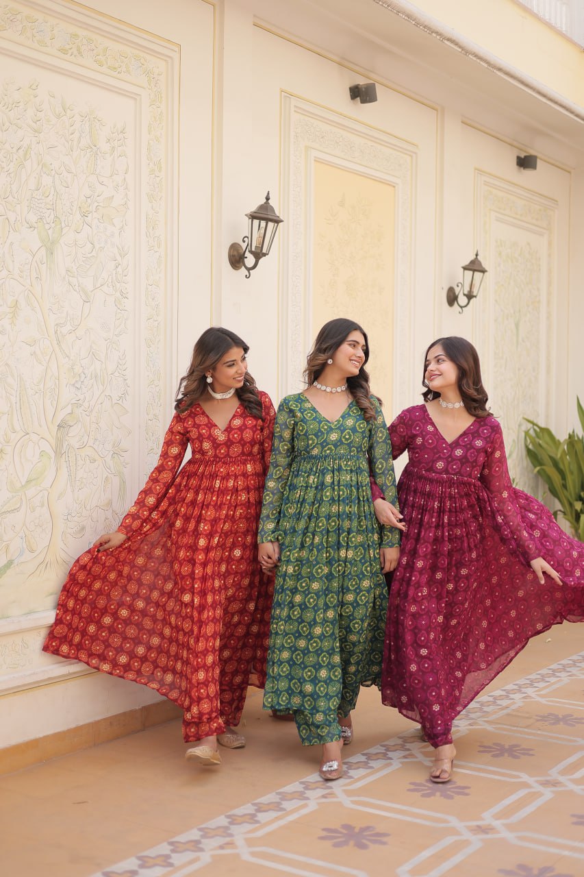 Dashing Faux Georgette Foil Printed Fully Stitched Top Pant Suit - Ethnicwish