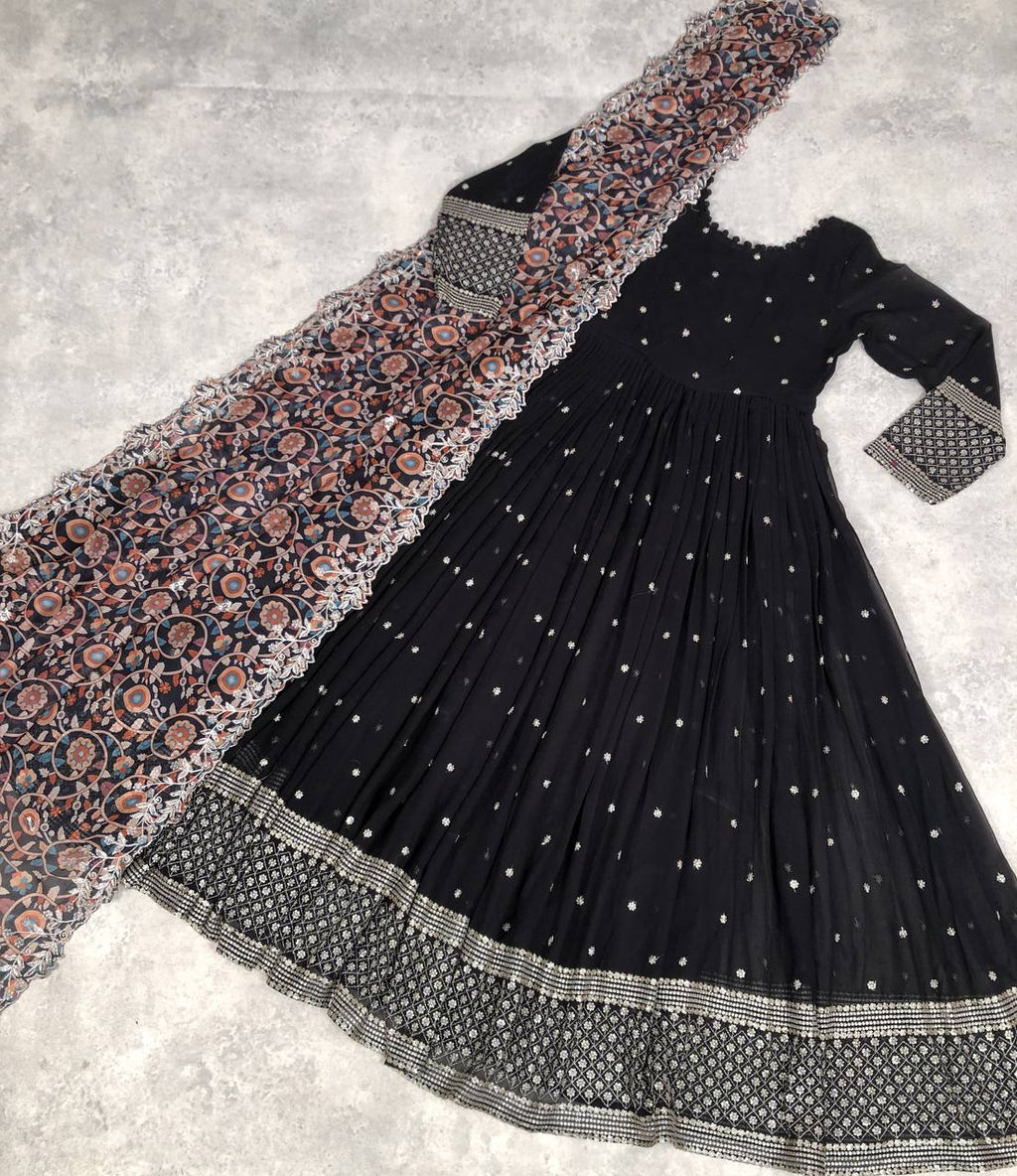 Elegant Faux Georgette Zari Sequins Worked Fully Stitched Gown - Ethnicwish