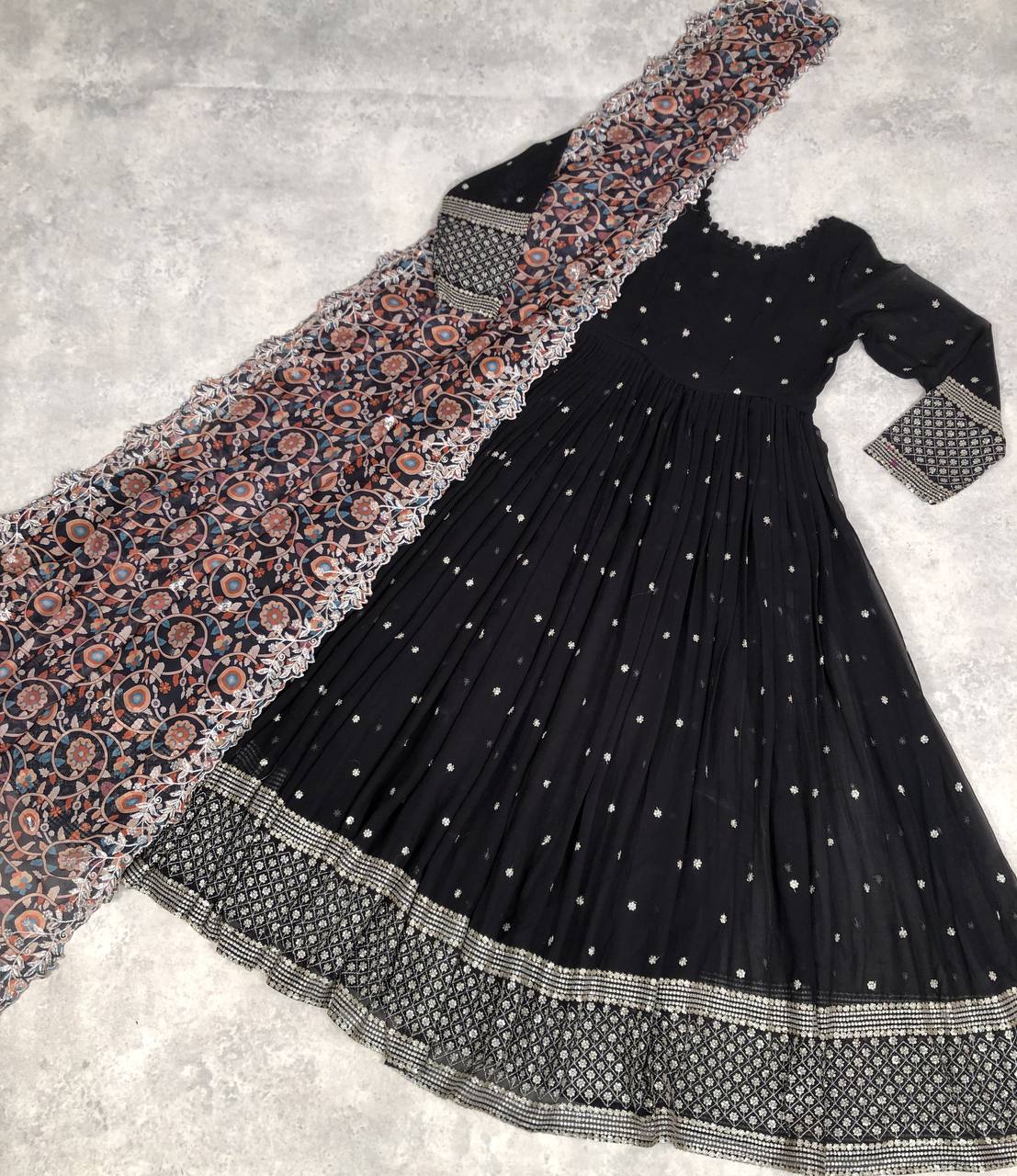 Elegant Faux Georgette Zari Sequins Worked Fully Stitched Gown - Ethnicwish