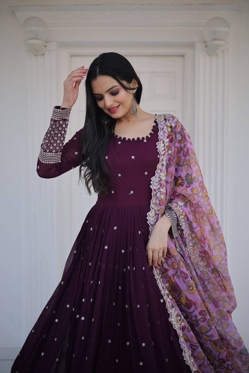 Elegant Faux Georgette Zari Sequins Worked Fully Stitched Gown - Ethnicwish