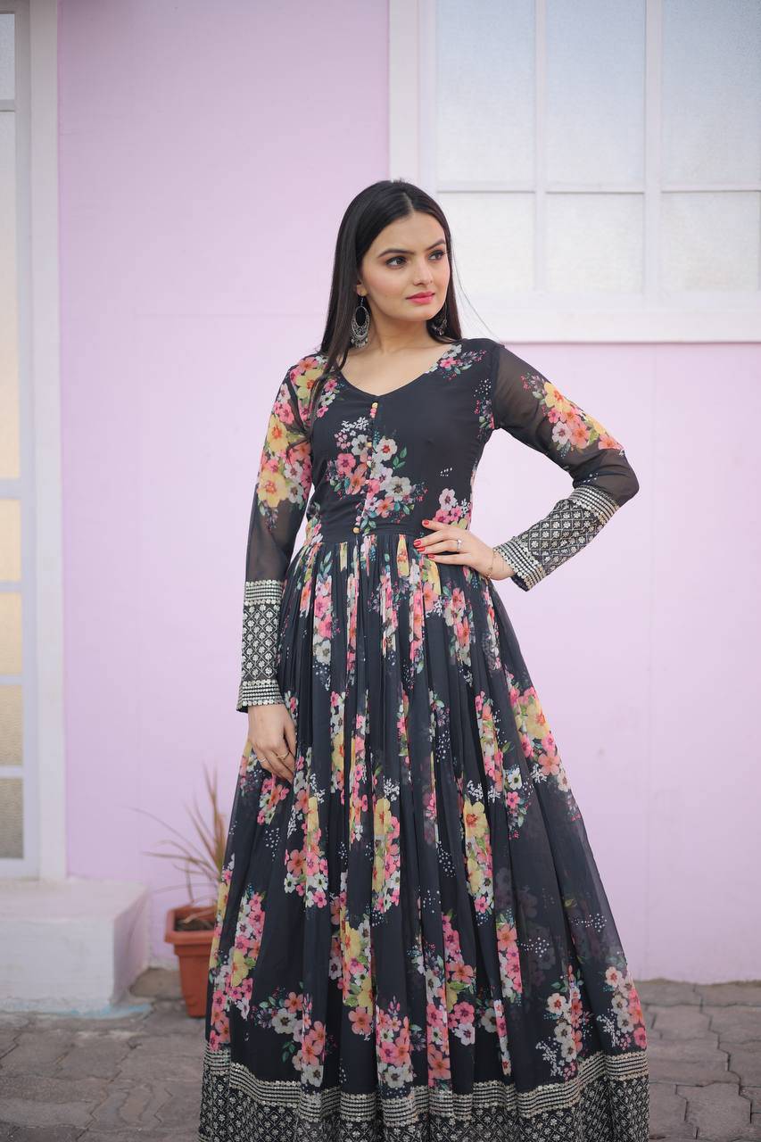 Thrilling Floral Digital Printed Sequins Zari Worked Fully Stitched Gown - Ethnicwish