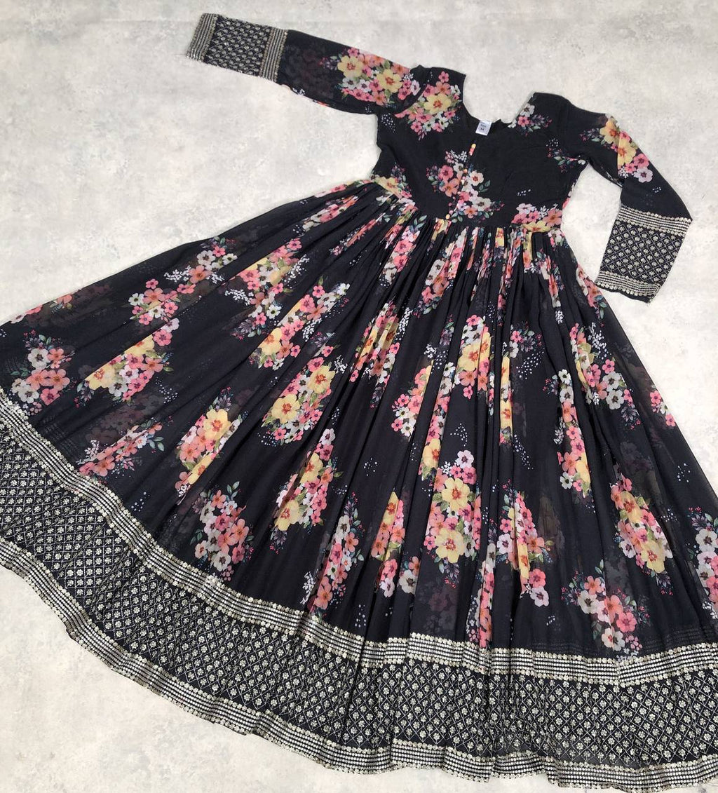 Thrilling Floral Digital Printed Sequins Zari Worked Fully Stitched Gown - Ethnicwish