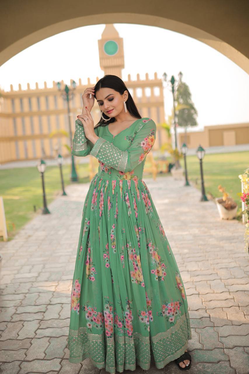 Thrilling Floral Digital Printed Sequins Zari Worked Fully Stitched Gown - Ethnicwish