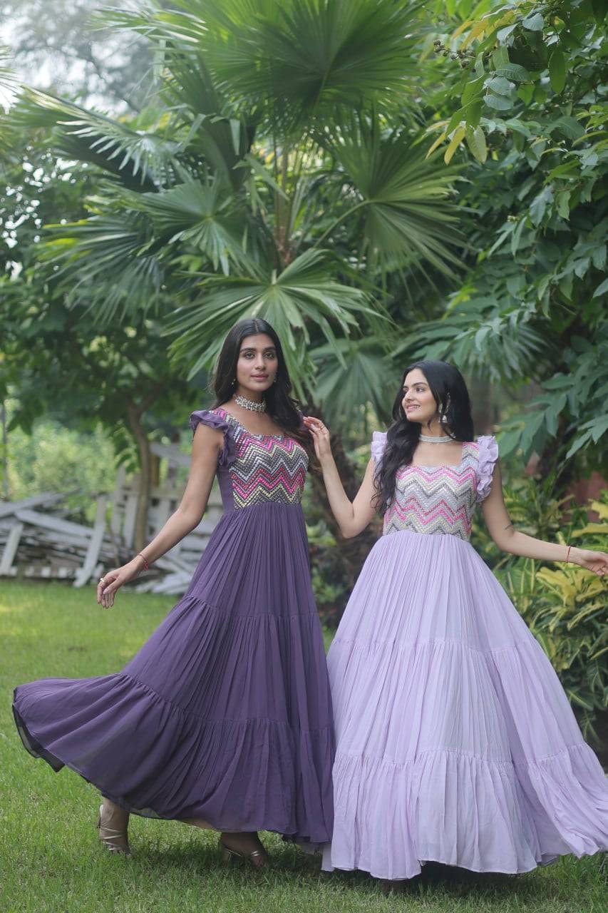 Loveable Faux Georgette Sequins Embroidered Fully Stitched Gown - Ethnicwish