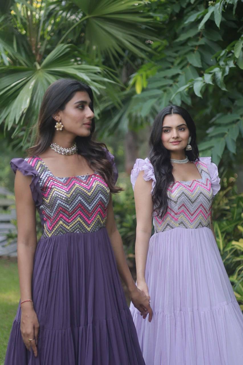 Loveable Faux Georgette Sequins Embroidered Fully Stitched Gown - Ethnicwish