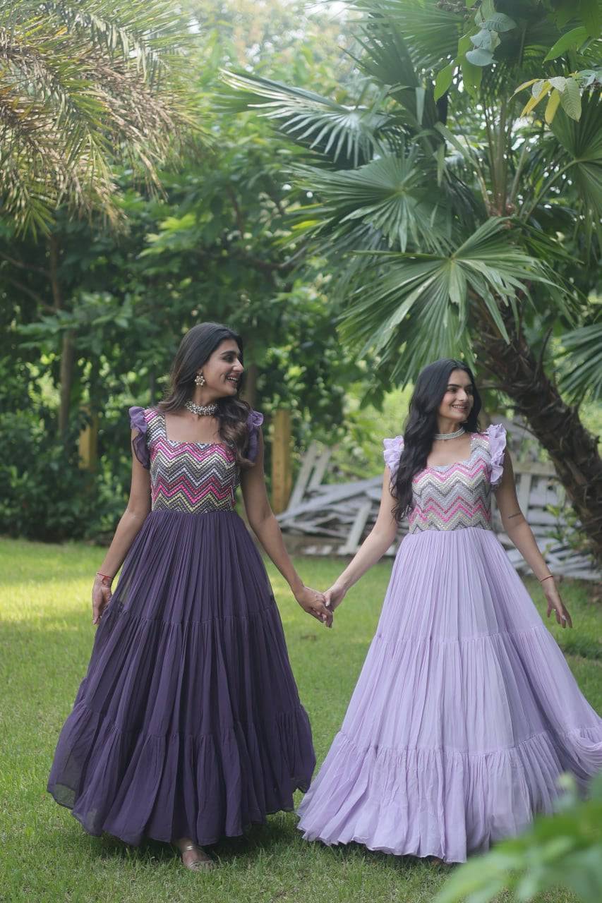 Loveable Faux Georgette Sequins Embroidered Fully Stitched Gown - Ethnicwish