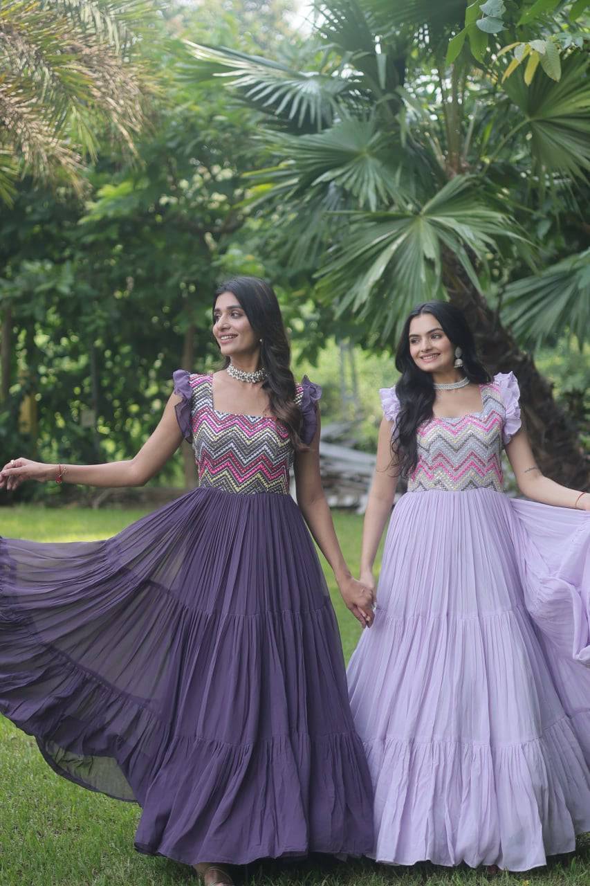 Loveable Faux Georgette Sequins Embroidered Fully Stitched Gown - Ethnicwish