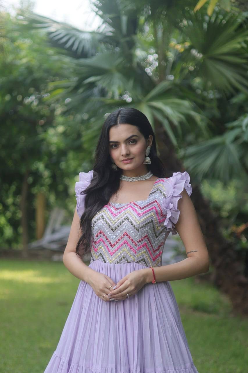 Loveable Faux Georgette Sequins Embroidered Fully Stitched Gown - Ethnicwish