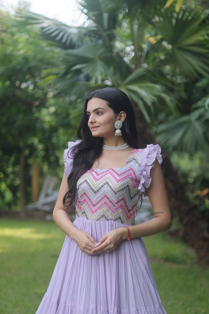 Loveable Faux Georgette Sequins Embroidered Fully Stitched Gown - Ethnicwish