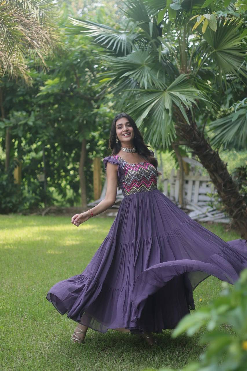 Loveable Faux Georgette Sequins Embroidered Fully Stitched Gown - Ethnicwish