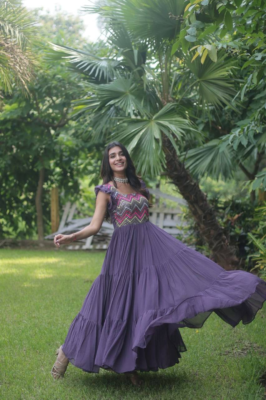 Loveable Faux Georgette Sequins Embroidered Fully Stitched Gown - Ethnicwish