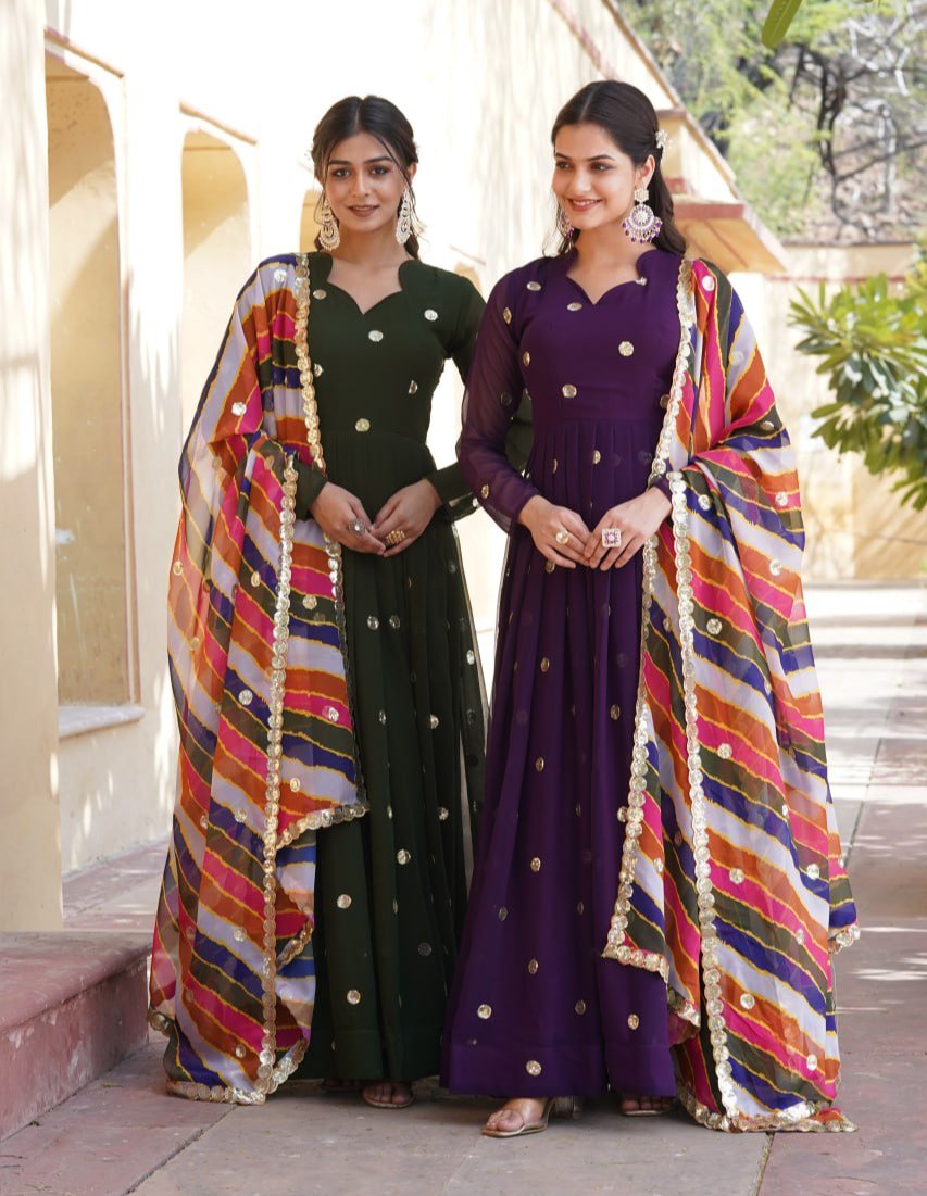 Charming Faux Georgette Zari Thread Sequins Worked Gown - Ethnicwish