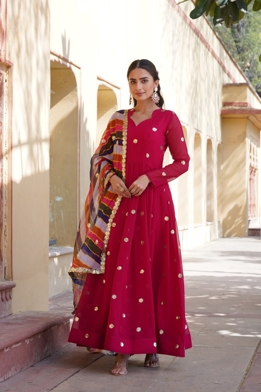 Charming Faux Georgette Zari Thread Sequins Worked Gown - Ethnicwish