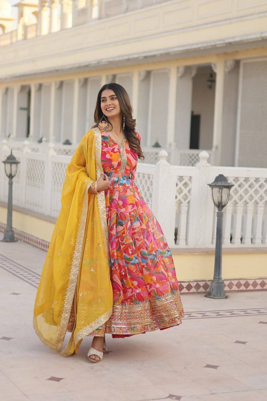 Ethereal Russian Silk Floral Printed Sequins Worked Gown - Ethnicwish