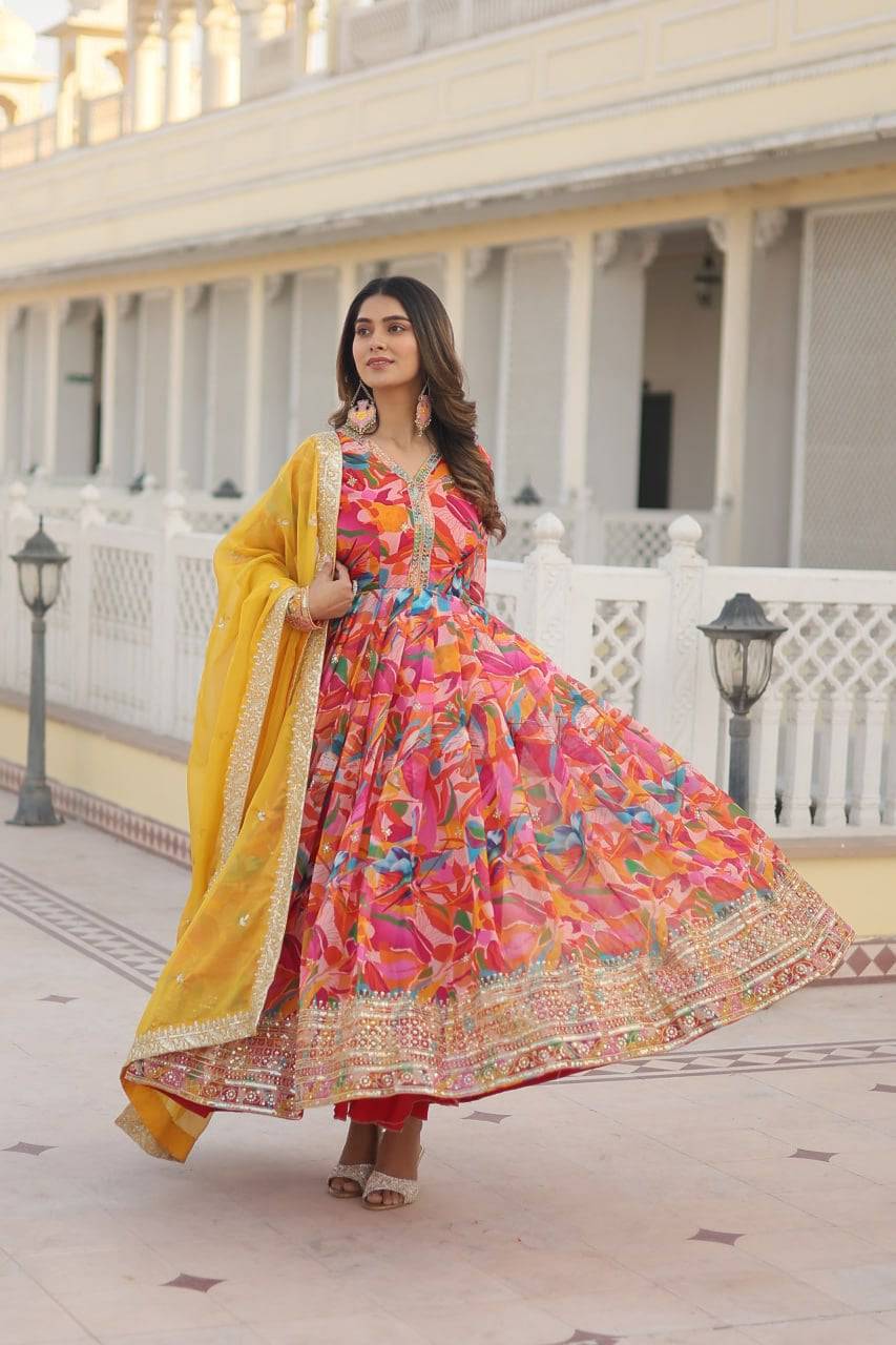 Ethereal Russian Silk Floral Printed Sequins Worked Gown - Ethnicwish