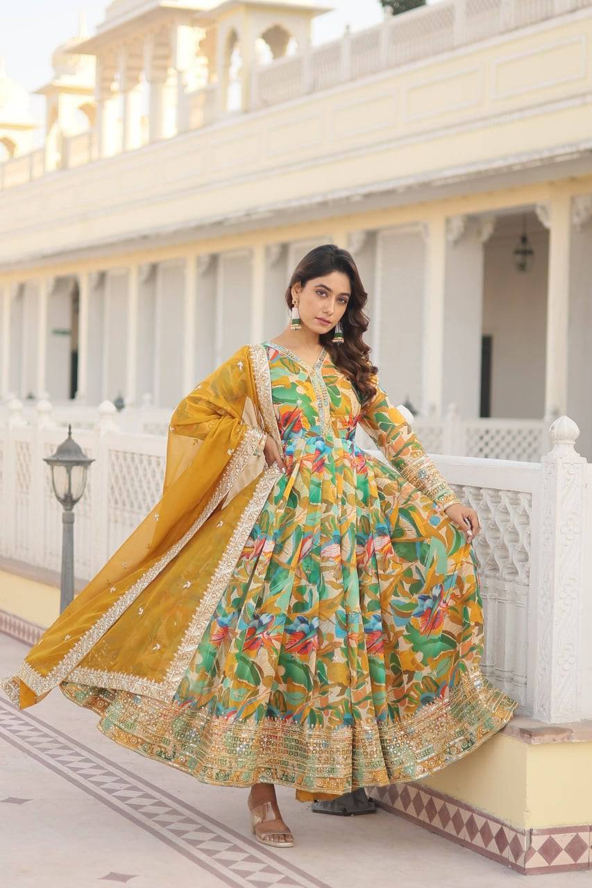 Ethereal Russian Silk Floral Printed Sequins Worked Gown - Ethnicwish