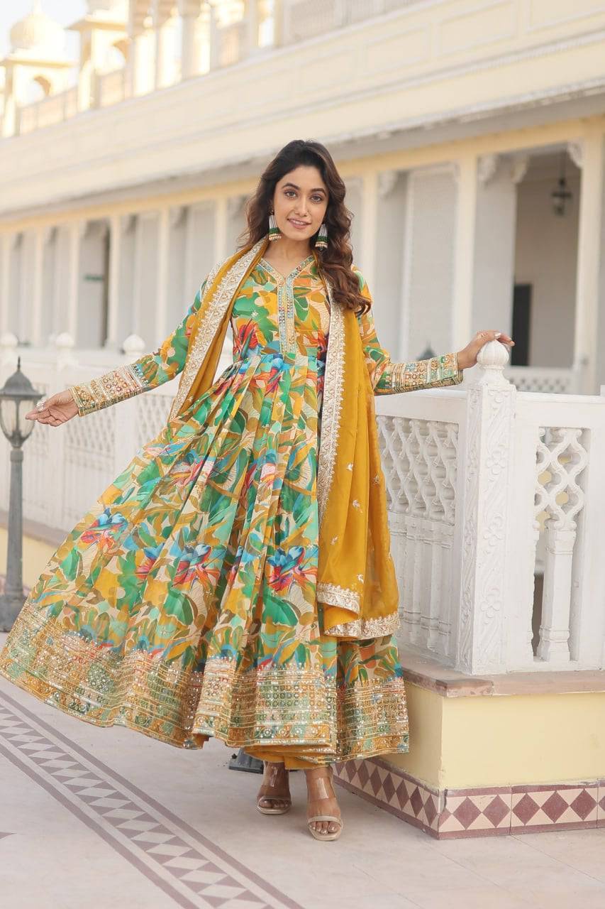 Ethereal Russian Silk Floral Printed Sequins Worked Gown - Ethnicwish